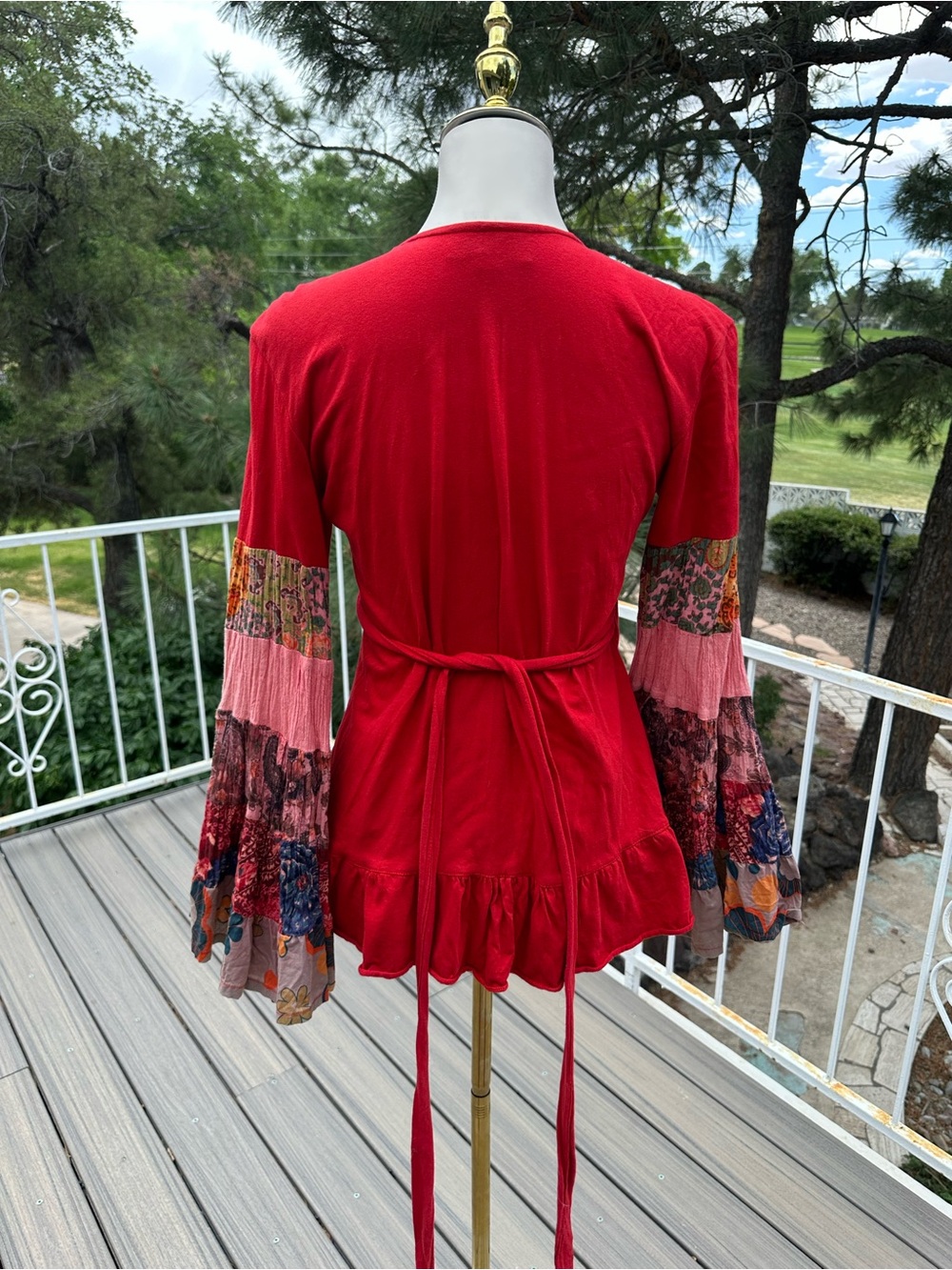 The Pyramid Collection Red Wrap Tunic with Patchwork Bell Sleeves - Picture 2 of 3
